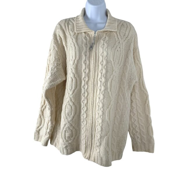 Aran Crafts Fisherman Cardigan Sweater Small Merino Wool Cable Knit‎ Zip CJ-2079 - Picture 1 of 11